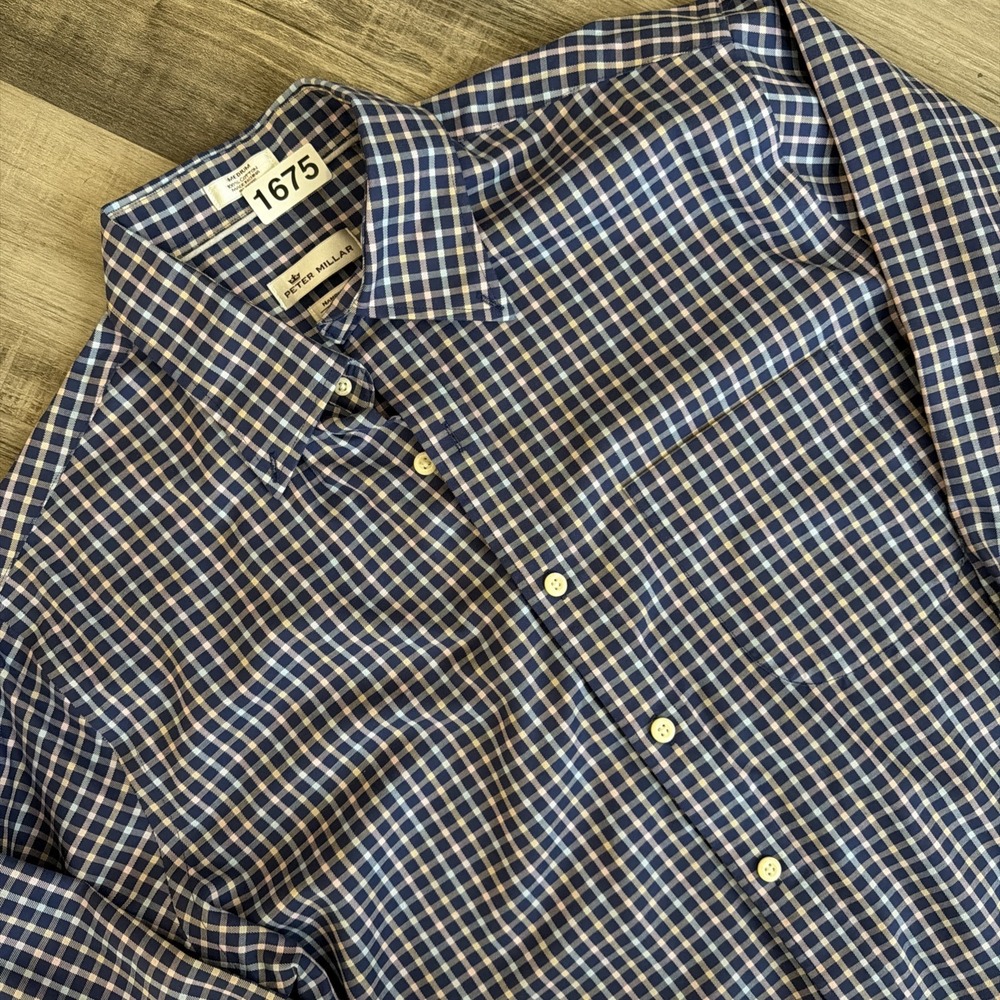 Peter Millar Nanoluxe Easy Care Blue Plaid Button Front Dress Shirt Cotton M